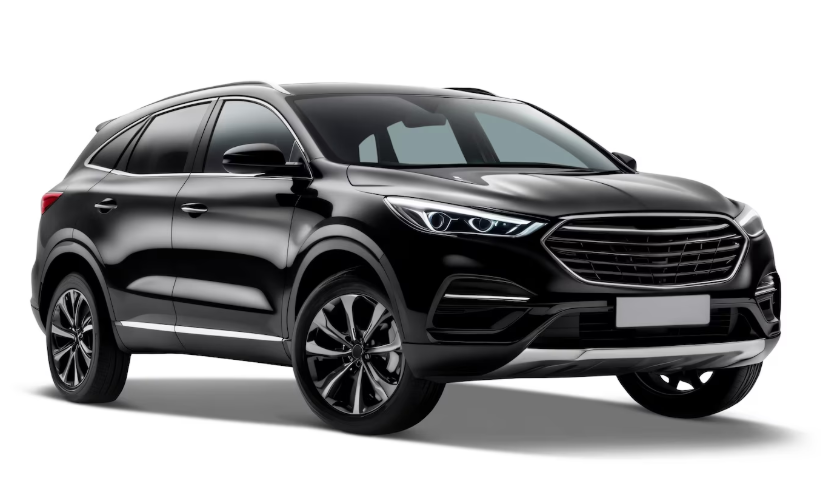 A sleek black modern SUV with sharp LED headlights, a large chrome-trimmed front grille, and sporty multi-spoke alloy wheels.