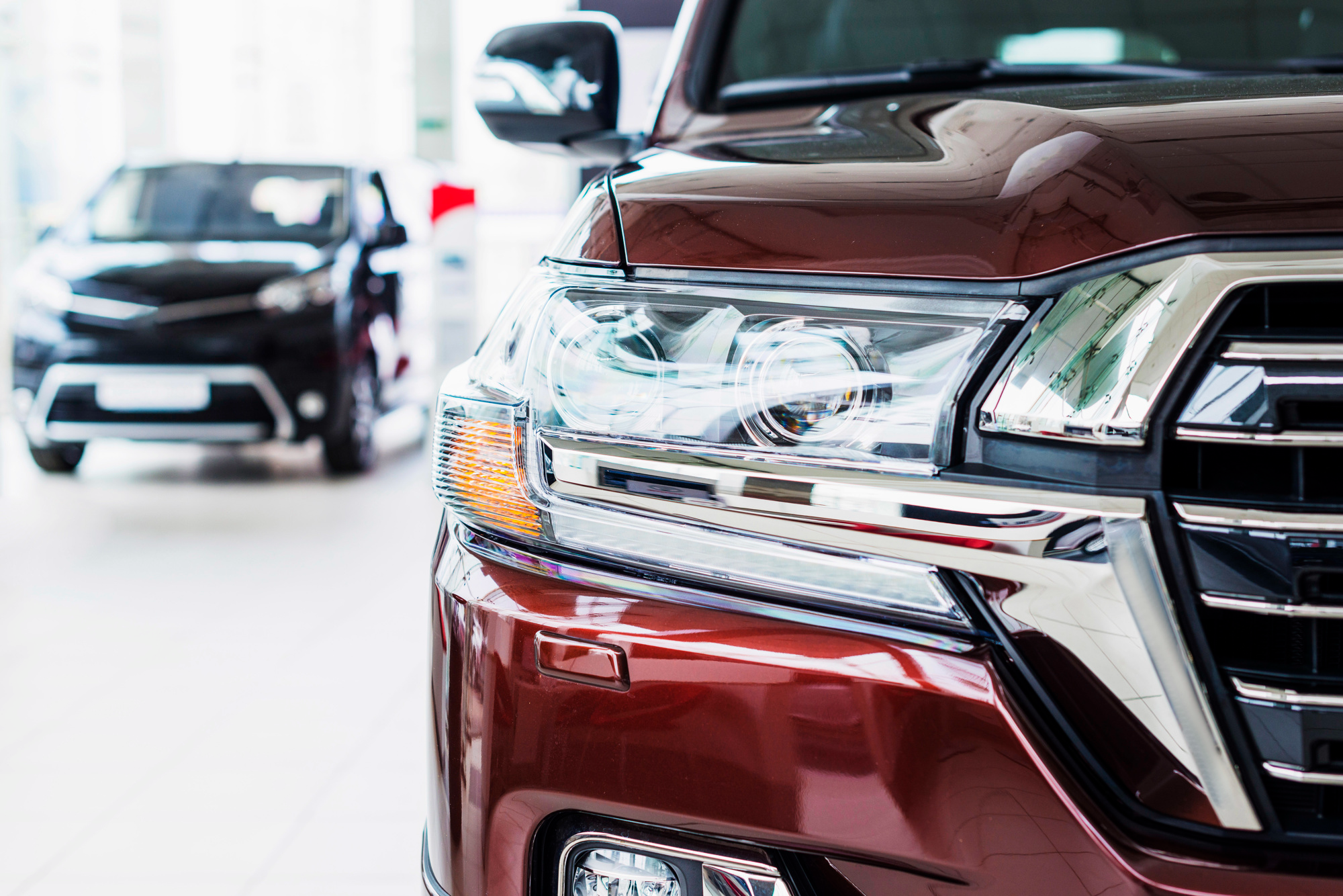 Close-up of a red car. 
