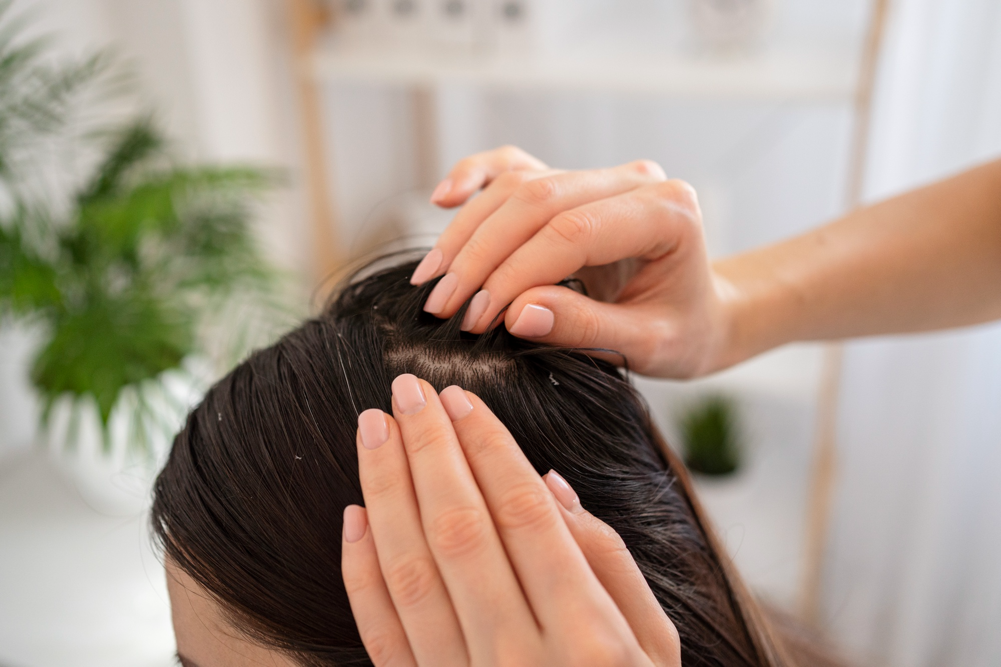 Close-up of hands examining a scalp with visible white flakes.
