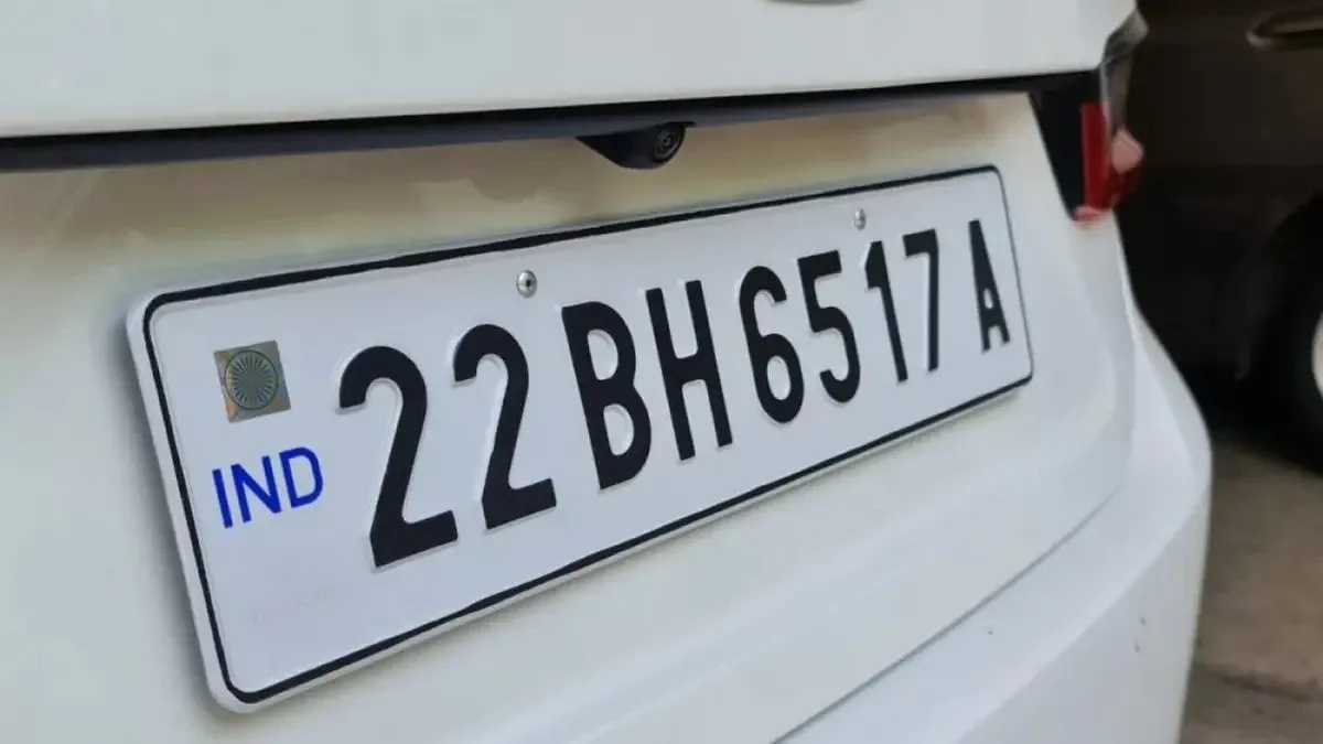 Close-up of a BH number plate on a car in India, displaying the Bharat Series vehicle registration format.