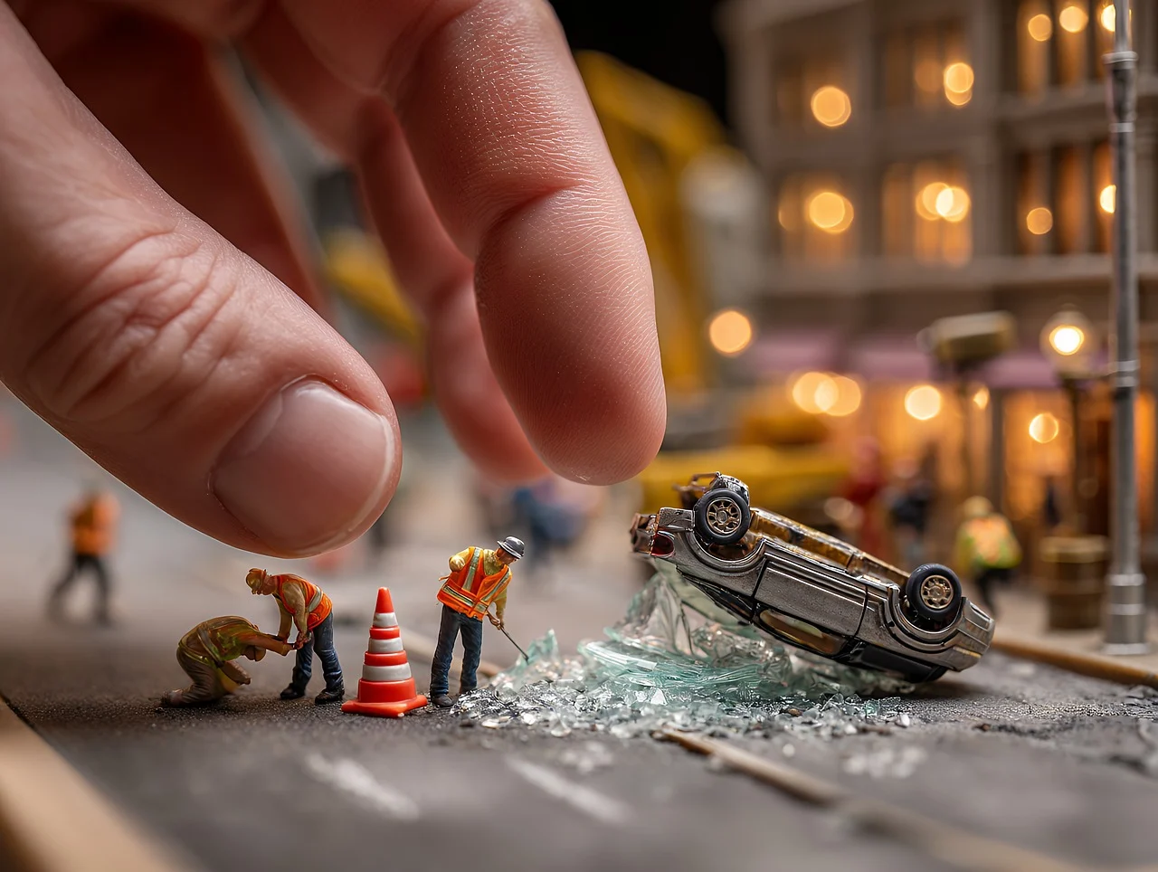 A dramatic miniature scene showing a giant human finger looming over a tiny crashed car surrounded by broken glass.