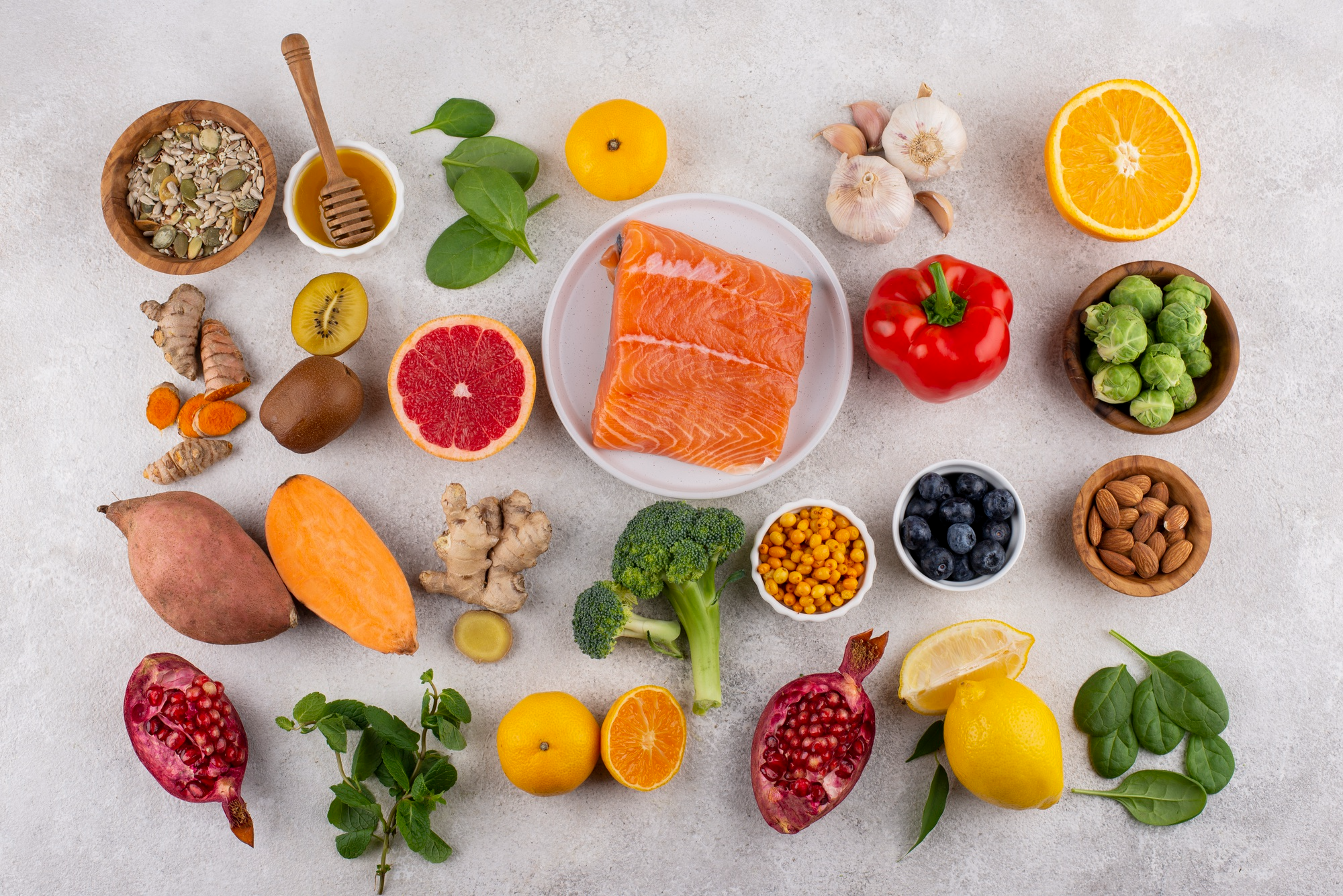 Top view of a table arranged with immunity-boosting foods.