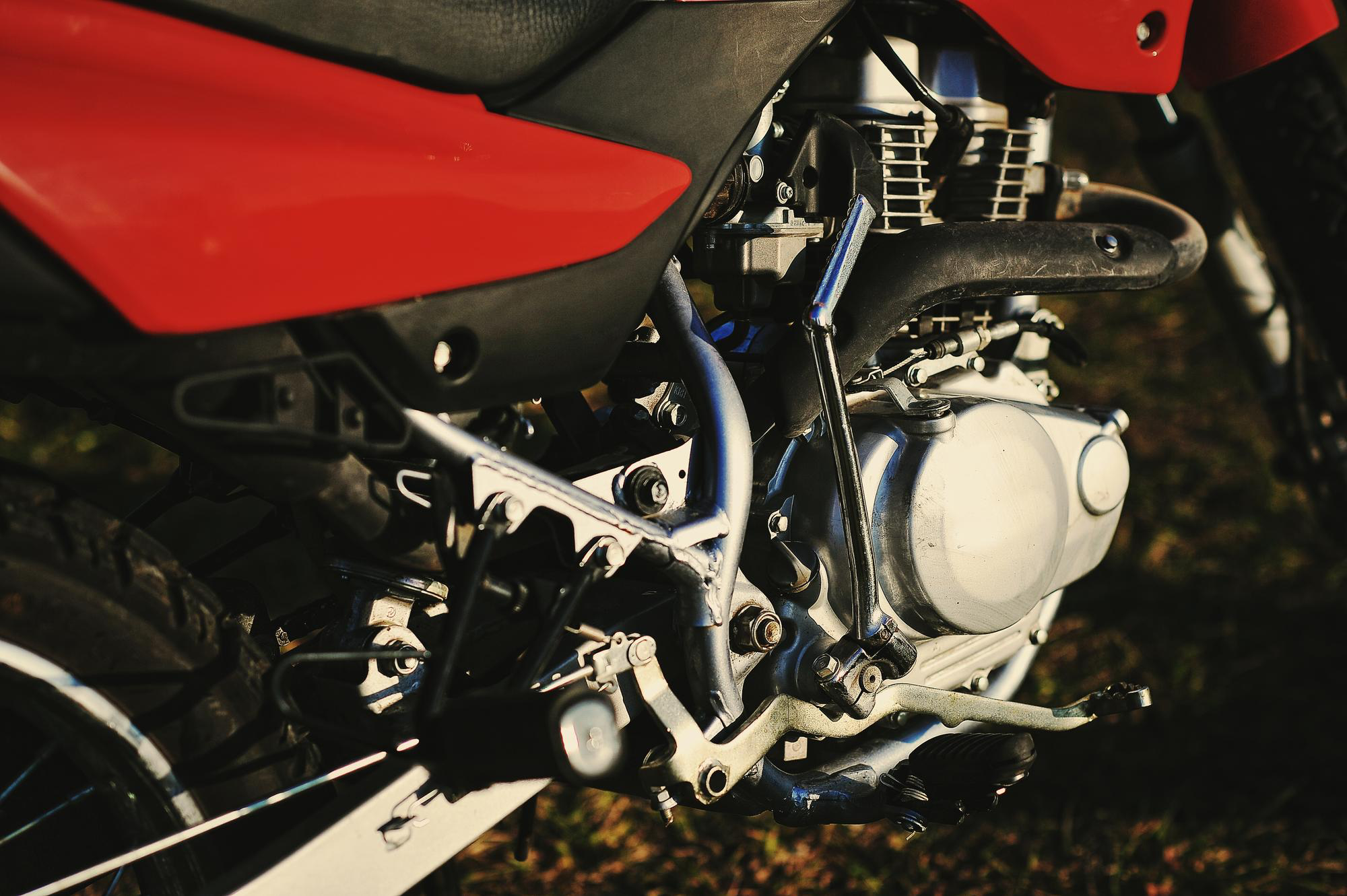Close-up view of a bike engine.
