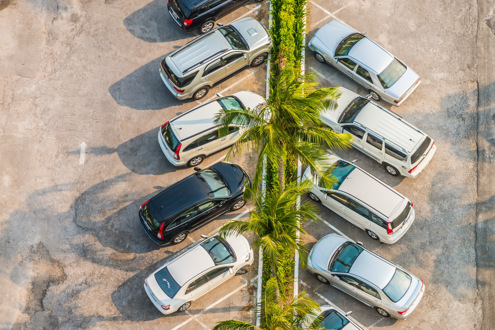A group of cars parked in a parking lot.