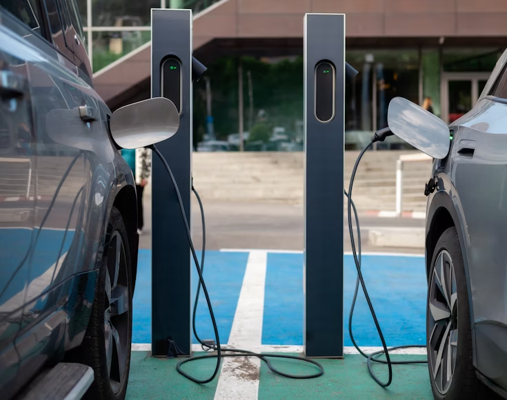 Two electric vehicles charging side by side at charging stations, with cables connected to each car.